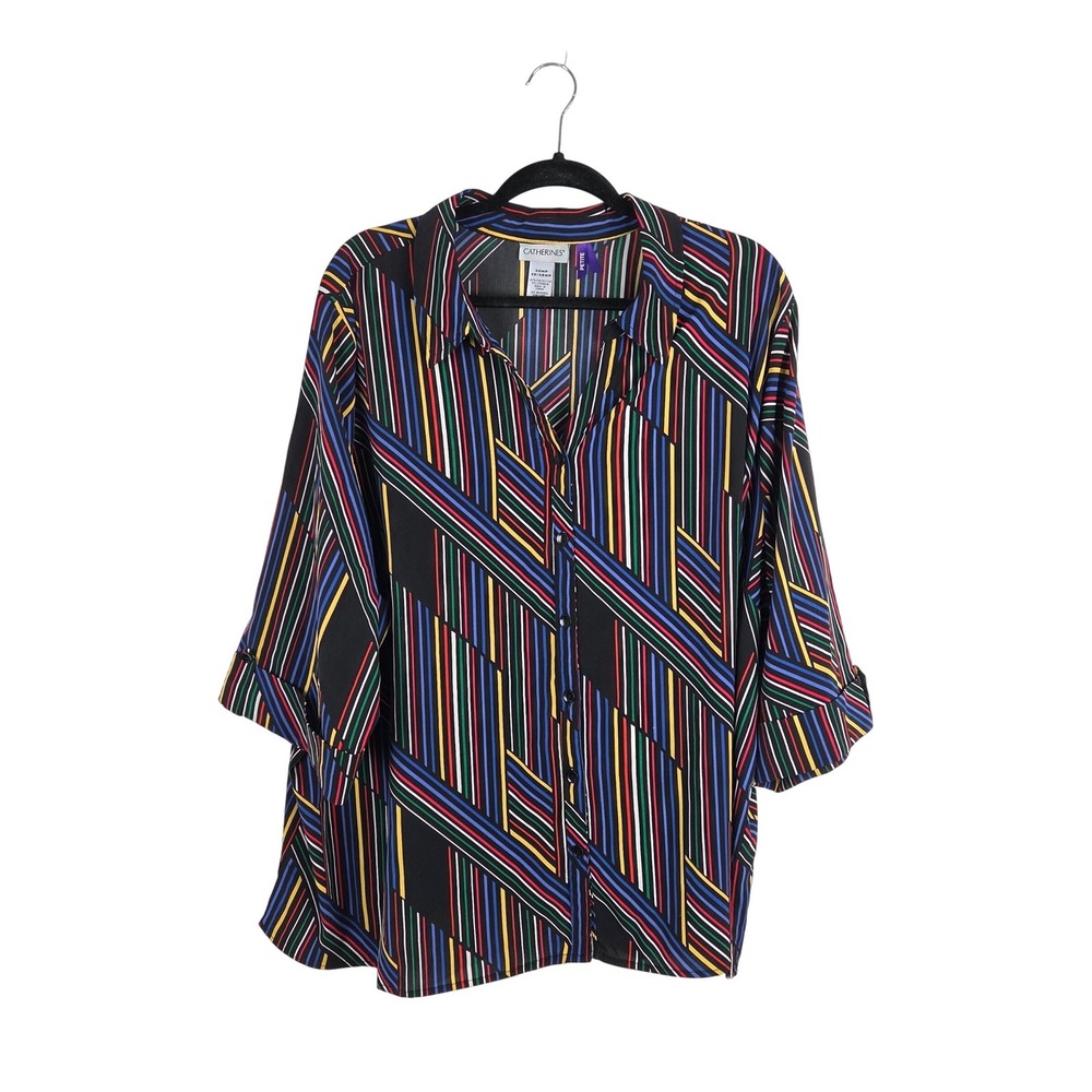 Catherines Multicolor Geometric Striped 3/4 Sleeve Button Up Blouse‎ 3XWP Artsy